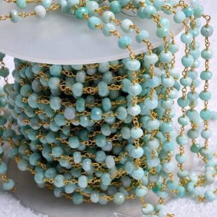 Natural AMAZONITE Rondelle Rosary Chain Gold Plated