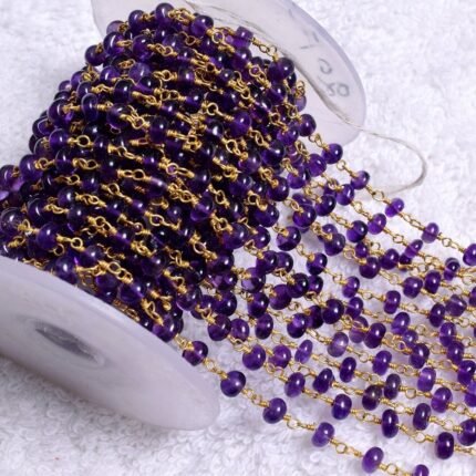 Natural Amethyst Rondelle Rosary Chain Gold Plated