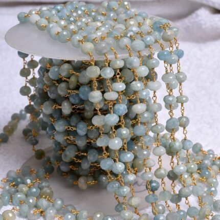 Natural Aquamarine Rondelle Rosary Chain Gold Plated