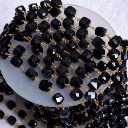 Natural Black Onyx Cube Rosary Chain Gold Plated