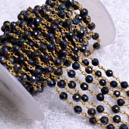 Natural Black Spinel Rosary Mystic Round Chain Gold Plated