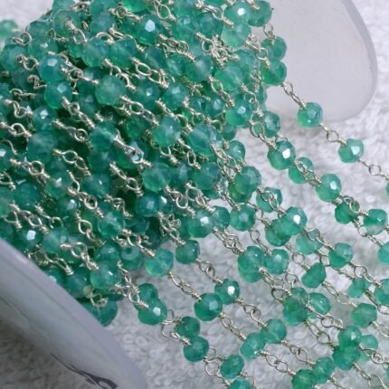 Natural Green Onyx Rondelle Mystic Rosary Chain Silver Plated