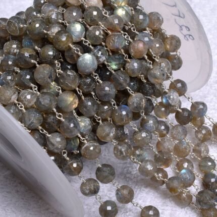 Natural Labradorite Rosary Round Chain Silver Plated