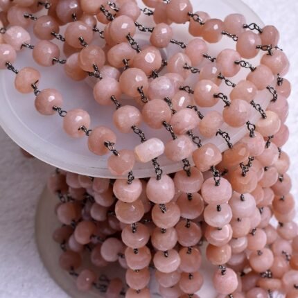 Natural Peach Moonstone Rondelle Rosary Chain Black Plated