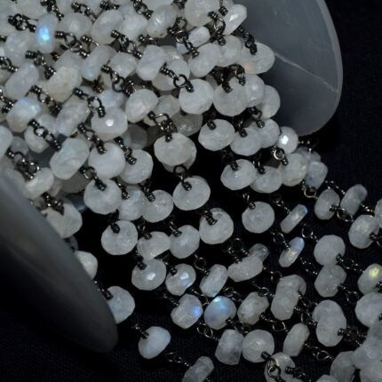 Natural Rainbow Moonstone Rondelle Rosary Chain Black Plated