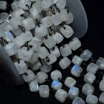 Natural Rainbow Moonstone Rosary Cube Chain Black Plated
