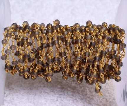 Natural Smoky Quartz Rondelle Rosary Chain Gold Plated