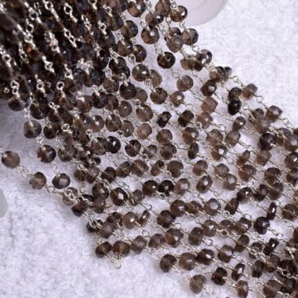 Natural Smoky Quartz Rosary Rondelle Chain Silver Plated