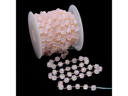 Natural Rose Quartz Rosary Cube Chain Gold Plated Gemstone