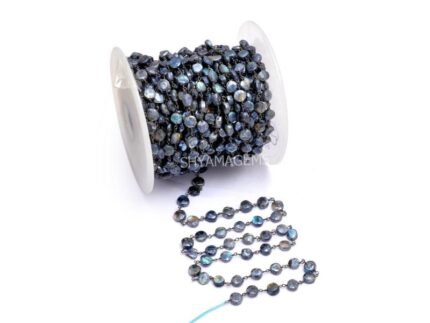 Natural LABRADORITE Mystic Coin Rosary Chain Black Plated