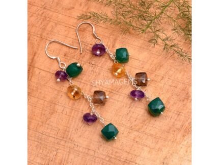 925 Silver Amethyst, Green Onyx, Citrine, Smoky Quartz Dangle Earrings
