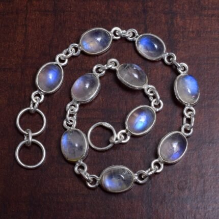 Rainbow Moonstone Cabochon Silver Bracelet