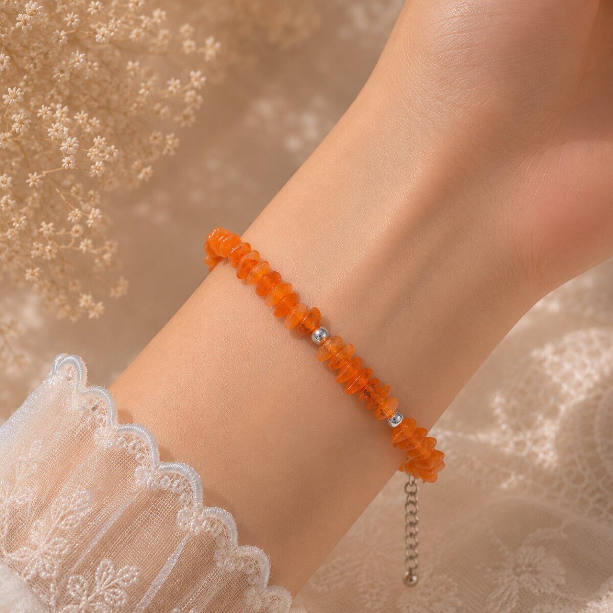 Orange Ethiopian Opal Chips Raw Stone Bracelet (1) Orange Ethiopian Opal Chips Raw Stone Bracelet