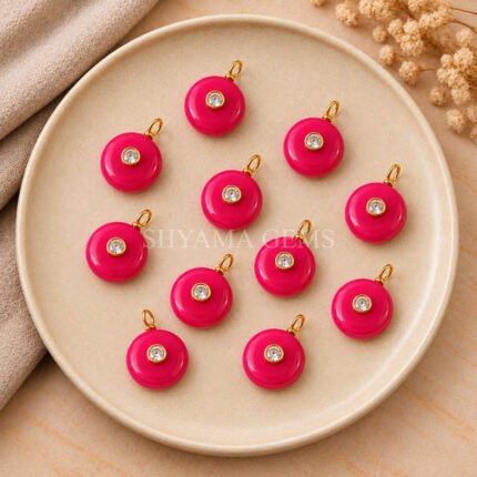 Hot Pink Chalcedony Round Inlay Pendant 15mm