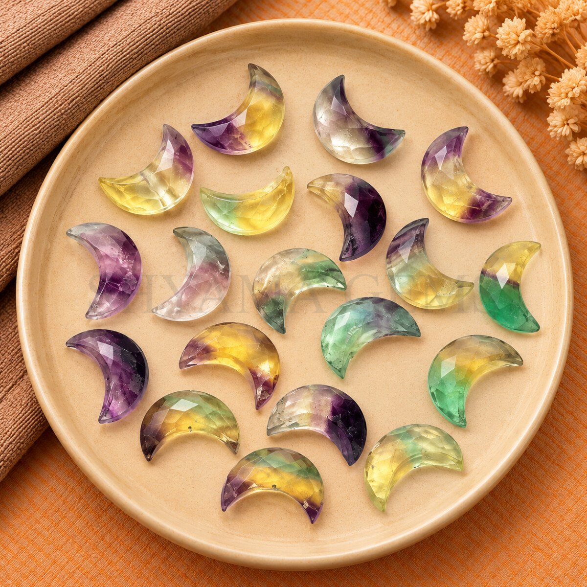 Multi Fluorite Faceted Moon Gemstone 17mm Multi Fluorite Faceted Moon Gemstone 17mm