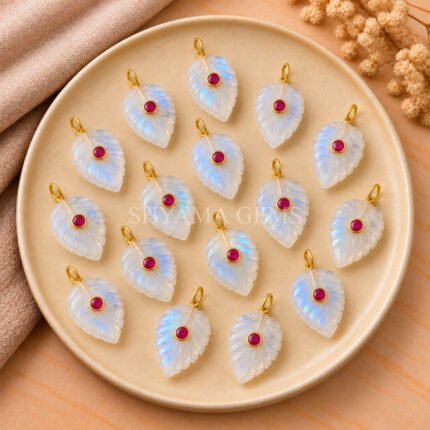 Rainbow Moonstone Leaf Inlay Pendant 14x10mm