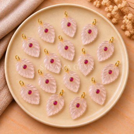 Rose Quartz Leaf Inlay Pendant 14x10mm