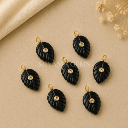 Black Onyx Leaf Inlay Pendant 14x10mm