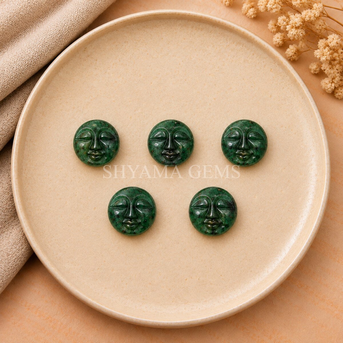 Green Strawberry Full Moon Face Carved Loose Gemstone 15mm Green Strawberry Full Moon Face Carved Loose Gemstone 15mm