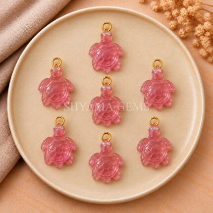 Pink Strawberry Quartz Turtle Carved 18mm Gemstone Pendant